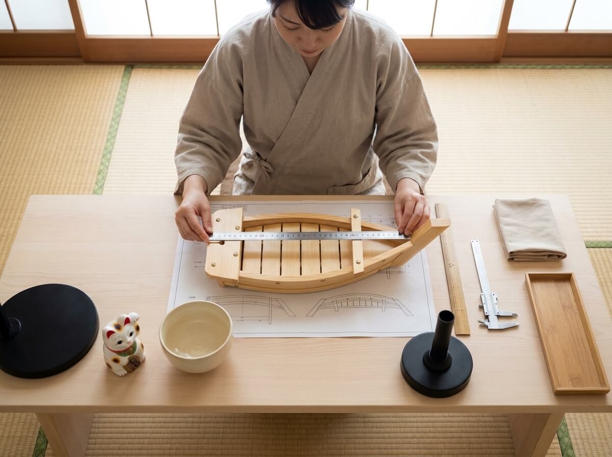 Overhead view of a natural wood sushi boat with slatted base and twin masts, measured against a blueprint alongside bamboo craft tools