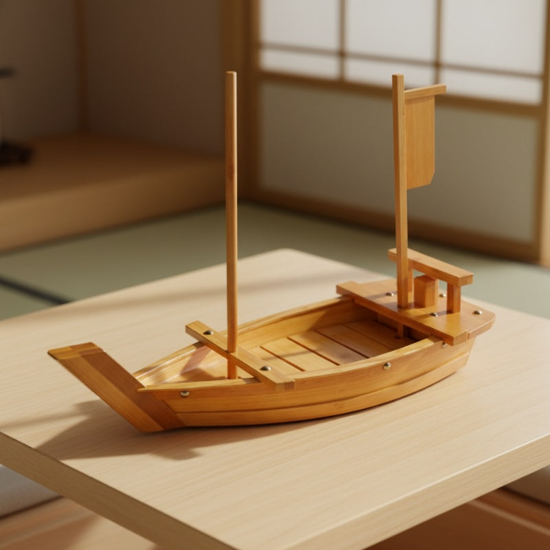Wood sushi boat handcrafted natural finish with dual sail masts on minimalist table in soft ambient lighting