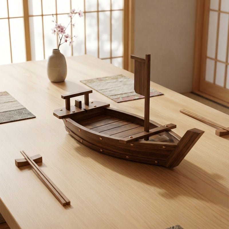 Wood sushi boats handmade dark finish with mast detail on dining table with woven placemats and cherry blossom decoration