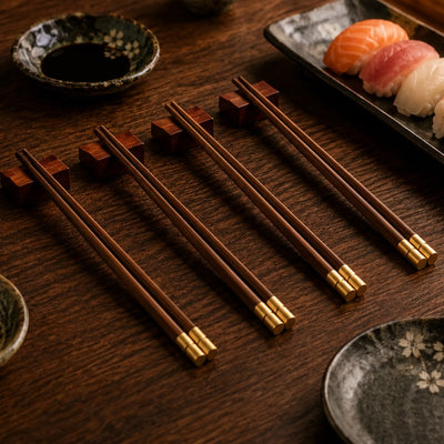Five pairs of wooden chopsticks with gold tips resting on small wooden holders on a dark table with sushi and soy sauce
