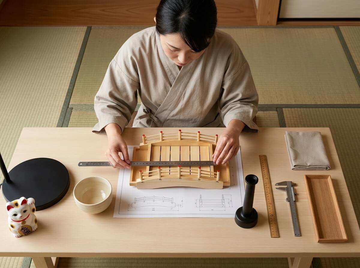 Overhead view of hands measuring a wooden sushi boat with a curved bridge silhouette and red-tipped railings against its blueprint