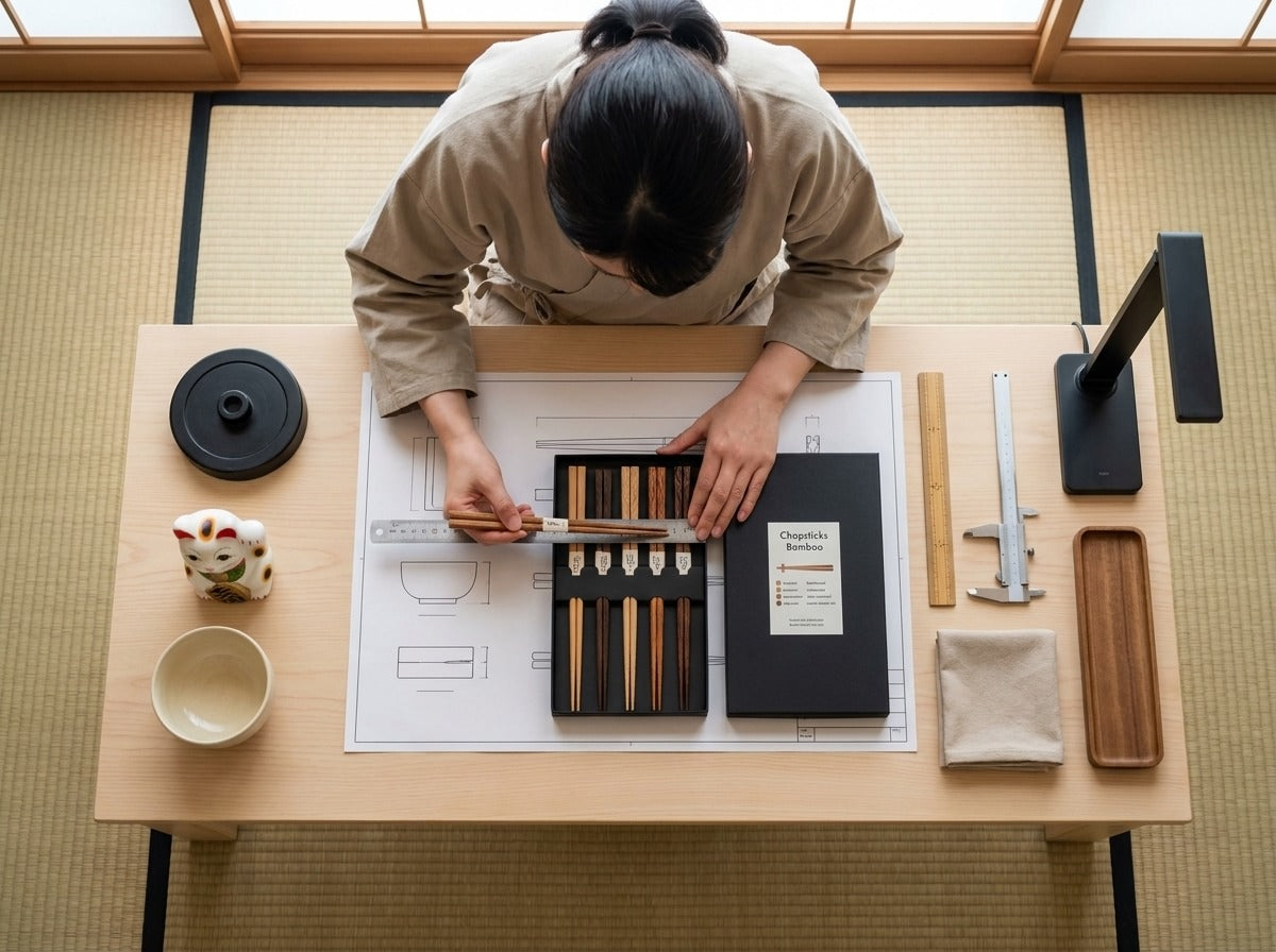 Overhead view of a woman in kimono measuring workshop bamboo chopsticks against technical blueprints in a black gift box on a tatami worktable with maneki-neko figurine