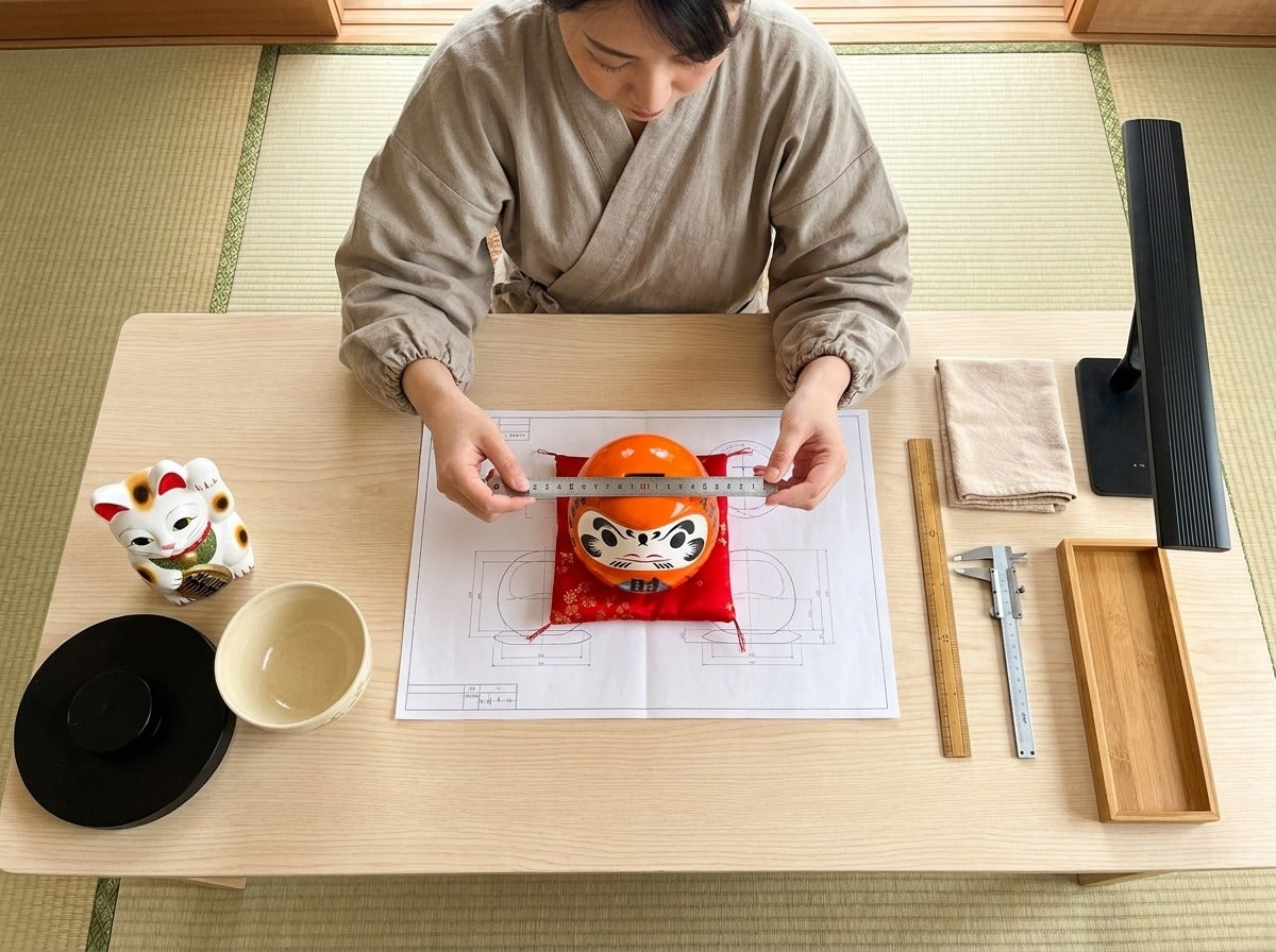 Overhead workshop shot of an orange ceramic daruma doll being measured with a tape measure on a red silk cushion, quality control blueprint, calipers and maneki neko figurine on the table