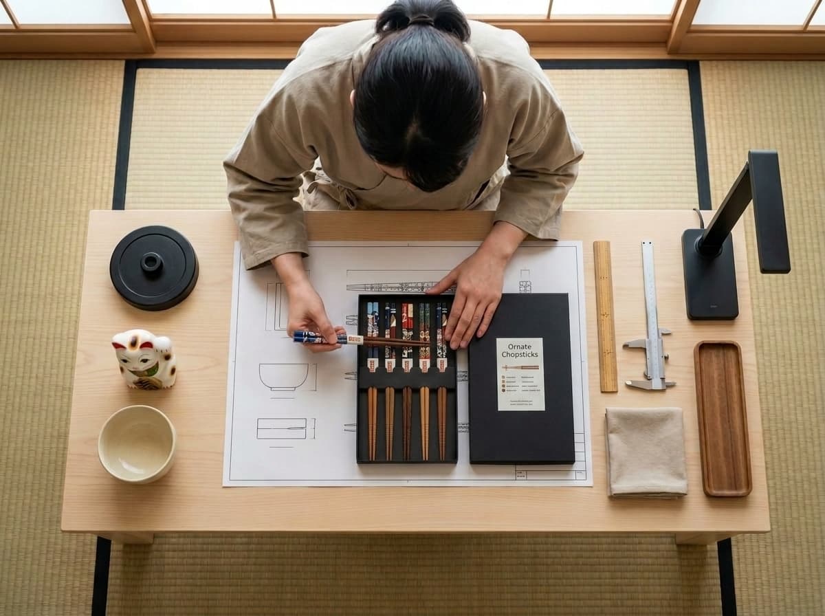 Overhead view of a workshop wood chopsticks display alongside its technical blueprint, a ceramic bowl, ruler, calipers, and maneki-neko figurine