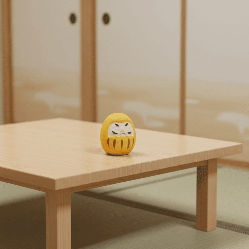 Bright yellow daruma japanese with determined expression displayed on wooden table in minimalist room with traditional sliding doors and soft lighting