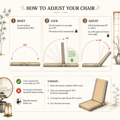 Zaisu chair instructions diagram showing how to reset, lock, and adjust the reclining backrest angle