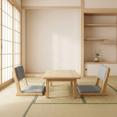 Zaisu tatami chair pair with gray upholstery around low table on tatami in traditional room with shoji screen and shelving