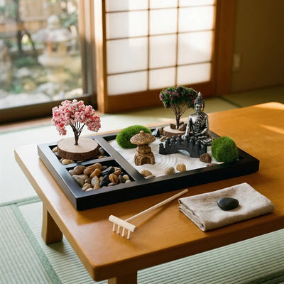 The zen garden tray sits at the edge of a tatami room beside open sliding doors, with a small garden softly out of focus behind it.