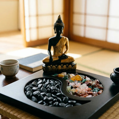 Close-up of the yin-yang basin, smooth matte black pebbles next to glossy amber, rose, green, white and teal stone chips, with the gold-robed Buddha's curled hair and draped shawl visible behind.