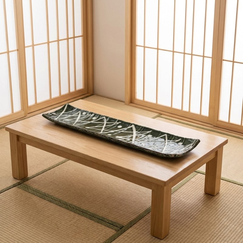 Minimalist zigzag sushi plate on tatami floor with shoji paper screens in authentic Japanese interior
